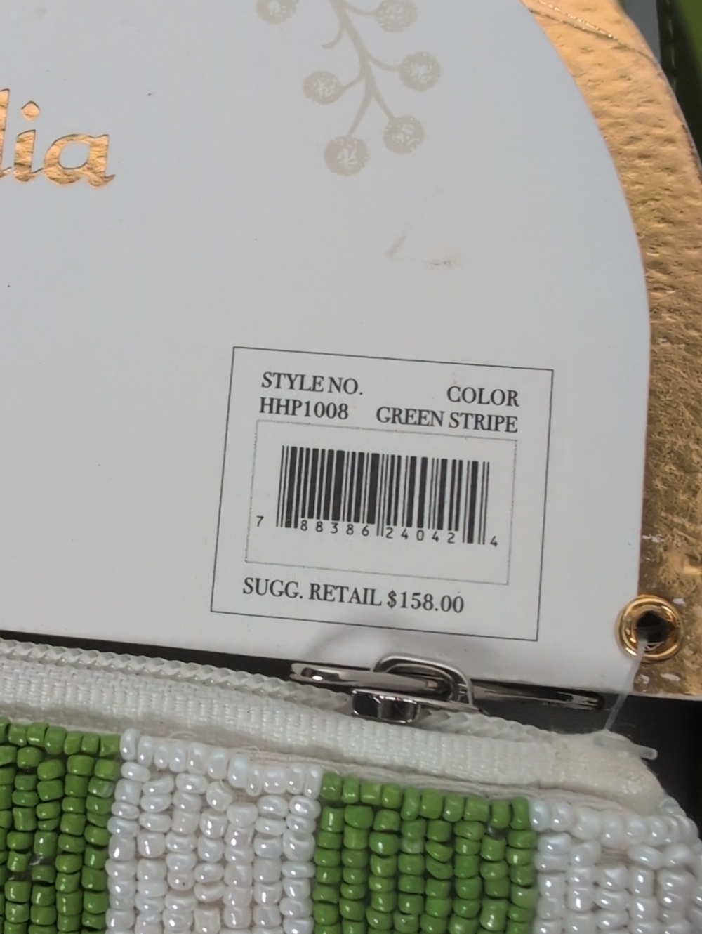 House of Harlow 1960 Hand Beaded Green & White Striped Wristlet Pouch - Picture 5 of 10